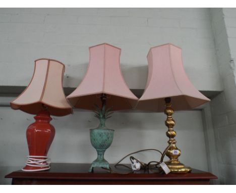 Brass table lamp and shade, pineapple shaped lamp and shade plus one other