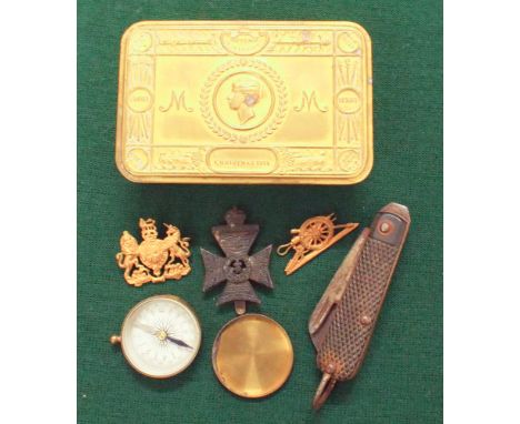 1914 Christmas tin, army knife, badges and compass etc