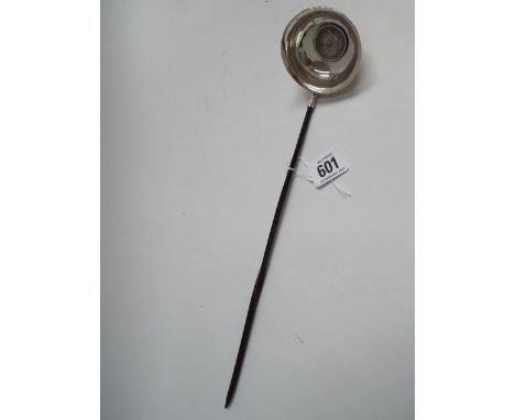 Antique brandy ladle, the bowl inset with George III shilling, on turned whalebone handle