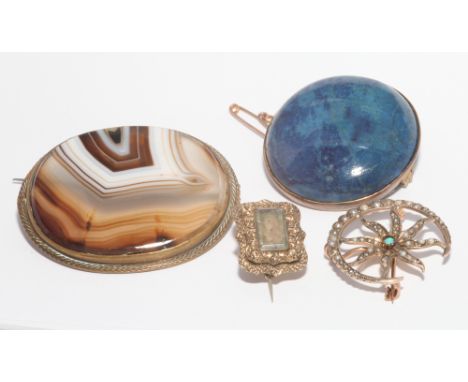 A group of 4 19th century and later brooches to include oval banded agate, mourning brooch with woven hair panel, circular la