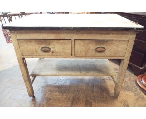 Victorian pine kitchen work table fitted 2 drawers with under tier and white enamel top (41" by 25")