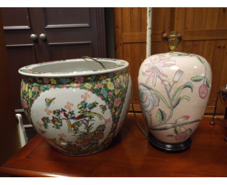 Oriental porcelain fish bowl (36 cm diameter) and an oriental porcelain electric table lamp with shade