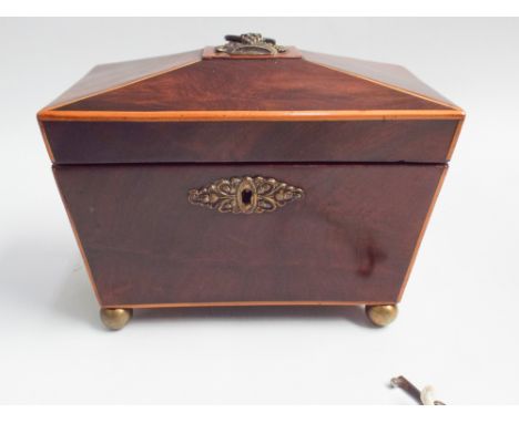 Georgian mahogany sarcophagus shaped tea caddy with satin wood stringing, pressed brass fruit basket handle to the top, measu