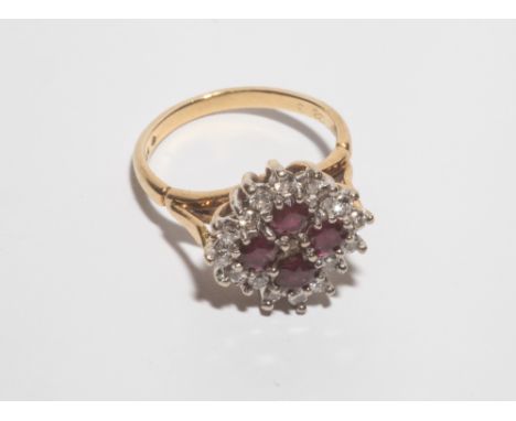 18ct yellow gold ruby and diamond cluster ring set with a square panel .Ring size J