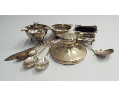 Collection of silver items including an ink well, salts with blue glass liner, 2 small American ashtrays inset with coins, si