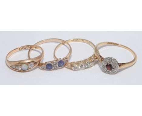 A group of four late Victorian /Edwardian rings, 5 stone diamond, opal & diamond, sapphire |& diamond and ruby and diamond, t