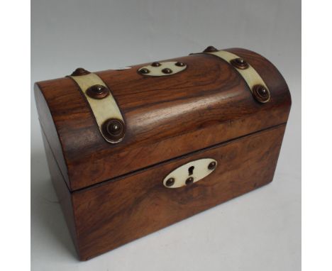 Victorian walnut domed top two division tea caddy, with ivory and brass bindings, 8" x 4.5"