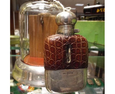 Silver and brown crocodile skin hip flask a/f, with hinged lid, Chester 1911, 10cm high and a silver based and glass pocket w