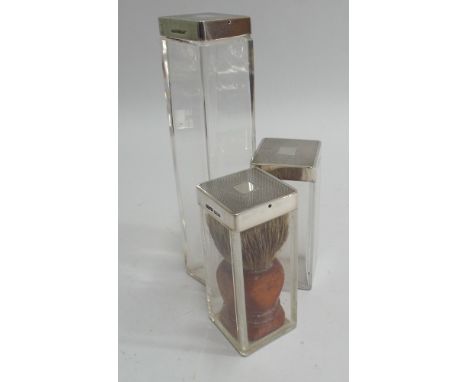 Set of 3 1940's glass toilet jars, each with engine turned silver lid ( Hallmarked - London, 1949) Tallest 16.5 cm high - sta