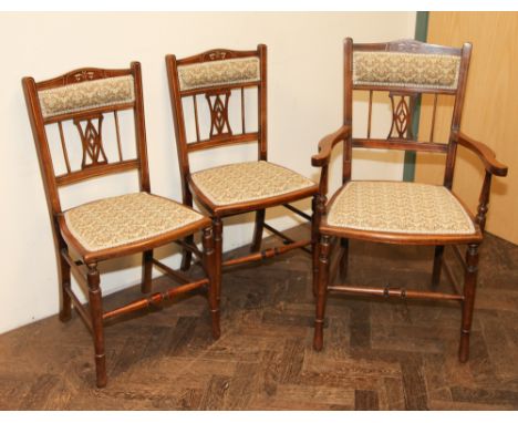 Edwardian inlaid mahogany parlour suite; comprising of settee, elbow chair and 4 standard chairs with tapestry upholstery 