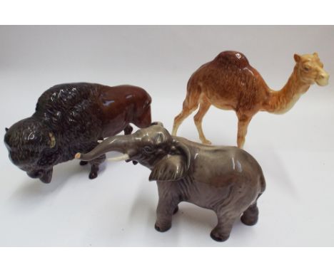 Beswick  model of a bison, camel and a elephant  Camel back leg restored