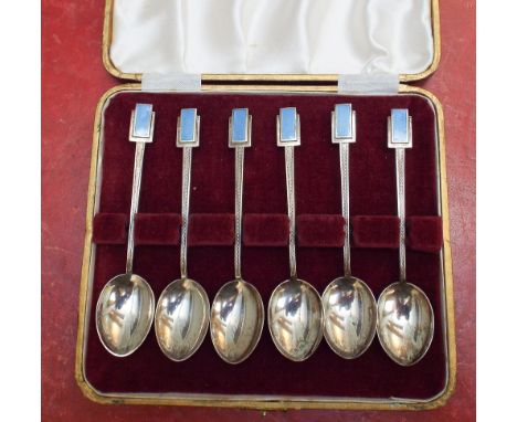 Set of 6 hallmarked silver and pale blue enamel coffee spoons in fitted case 