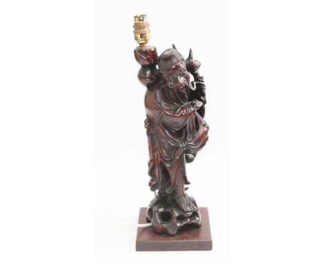 Carved Chinese hardwood figure, table lamp (Approx 45 cm high)