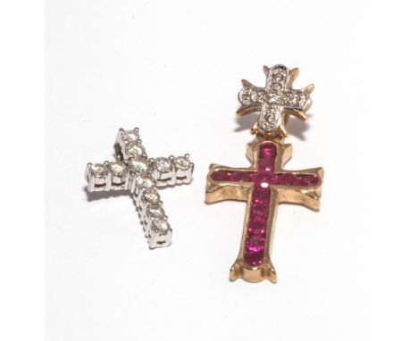 9ct gold ruby and diamond Maltese cross style pendant, and a modern 9ct white gold cross pendant.
