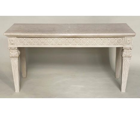 ITALIAN CONSOLE/CENTRE TABLE, 73cm x 148cm x 73cm, carved giltwood with rounded rectangular marble top, on twin outwept trest