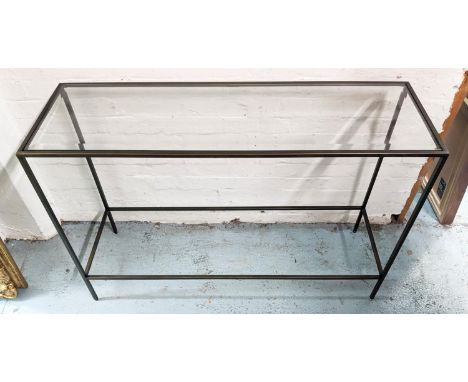 CONSOLE TABLE, 111cm x 35cm x 77cm, bronzed metal frame, bevelled glass top. 