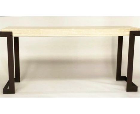 TRAVERTINE CONSOLE TABLE, 85cm H x 180cm W x 50cm D, on shaped metal end supports. 