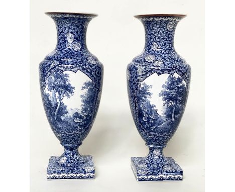 VILLEROY AND BOCH VASES, a pair, 34cm H, blue and white ceramic, decorated with mountain  scenes. (2) 