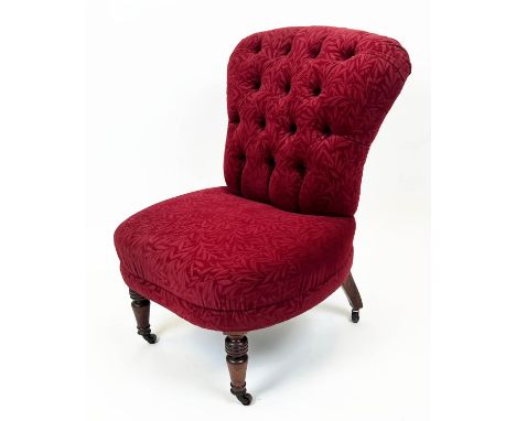ARMCHAIR, 88cm H x 78cm W, Victorian blue and feather striped upholstery on ceramic castors, stamped back leg. 