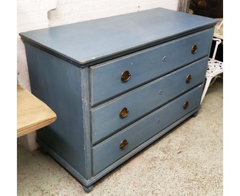 COMMODE, 143cm W x 86cm H x 63cm D late 19th century Continental blue painted pine with three long drawers having ornate Clas