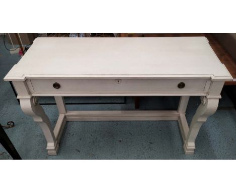 CONSOLE TABLE, white painted, 132cm x 51cm x 91cm, with one drawer, lockable. (key in office) 