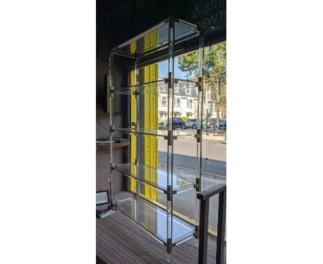 ETAGERE, 1970's Italian style, glass and perspex, polished metal detail, later LED back lighting added, 100cm x 35cm x 180cm.