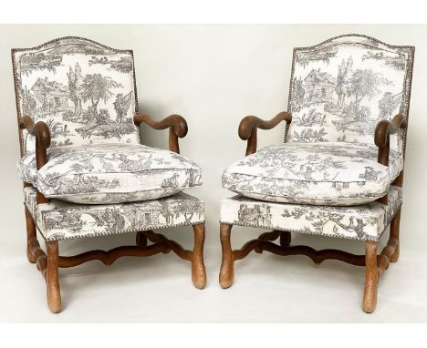FAUTEUILS, a pair, 52cm W, French, oak framed with studded toile de jouy print fabric upholstery. (2) 