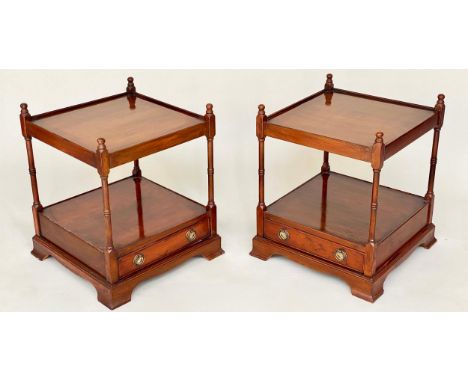 LAMP TABLES, a pair, 46cm W x 46cm D x 57cm H, George III design yewwood, each with two tiers and a drawers. (2) 