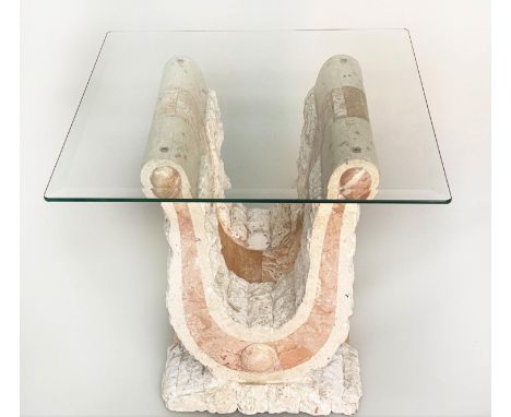 LAMP TABLE, square bevelled glass, on 'U' marble support, 56cm x 56cm x 52cm H. 