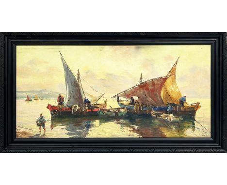 R U RINALDI (20th century Italian), 'Trawler Men', oil on canvas, 48cm x 97cm, framed. 