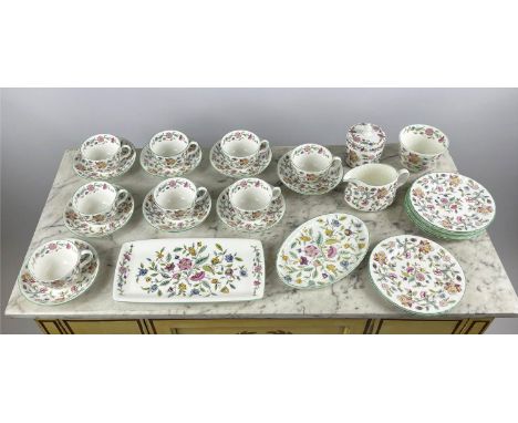 MINTON 'HADDON HALL' PART TEA SERVICE, comprising eight tea cups and saucers, eight plates, a cake tray, lidded sugar bowl, a