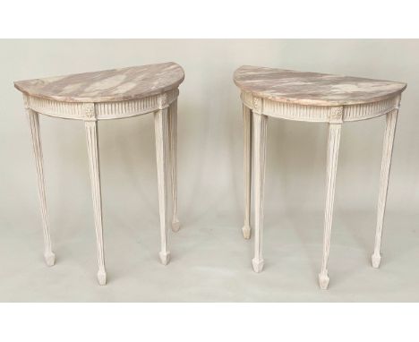 CONSOLE TABLES, a pair, 64cm x 35cm x 77cm H. French Louis XVI style, grey painted and with marble top. (2) 