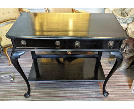 CONSOLE/SERVING TABLE, 54cm x 93cm H x 106cm, black with two frieze drawers undertier and cabriole front support. 