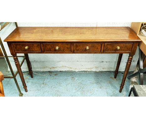 CONSOLE TABLE, with four drawers, gilt handles, 125cm x 32cm x 75cm, turned supports. 