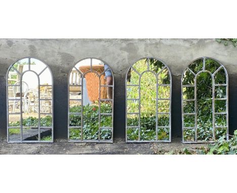 ARCHITECTURAL GARDEN WALL MIRRORS, a set of four, 60cm H x 32cm W, Georgian style, with overlaid glazing bars, aged frames (4