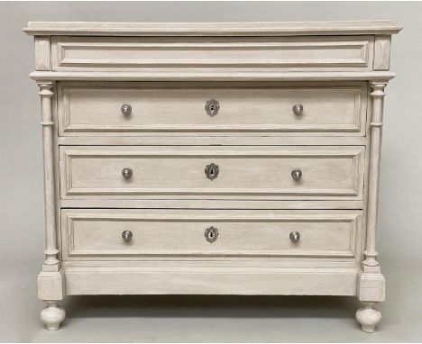 COMMODE, 19th century French Napoleon III traditionally grey painted, with four long drawers and columns, 104cm x 52cm D x 92