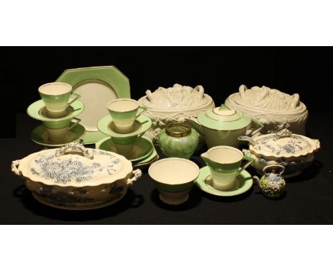 A pair of Portmeirion game pie dishes; an Art Deco Palissy tea set; a part flow blue dinner service; an opaque green glass va