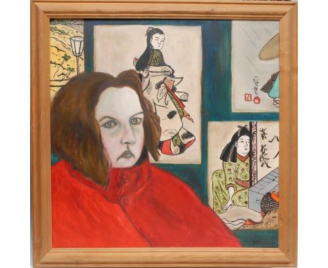 Kate O'Connor (contemporary)  Self Portrait with Japanese Prints label to verso, oil on canvas, 75cm x 75cm 