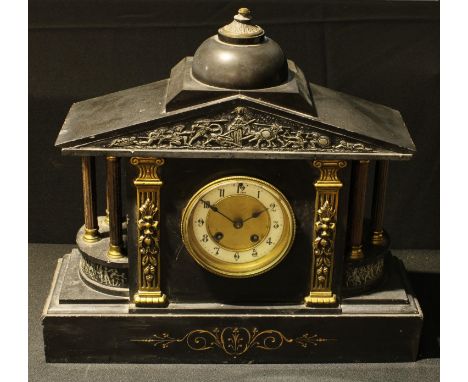 A substantial late 19th century noir Belge mantel clock, architectural case, c.1890 
