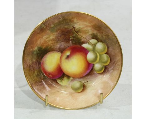 A Royal Worcester circular pin dish, painted with ripe fruit on a mossy ground, 10cm diameter 
