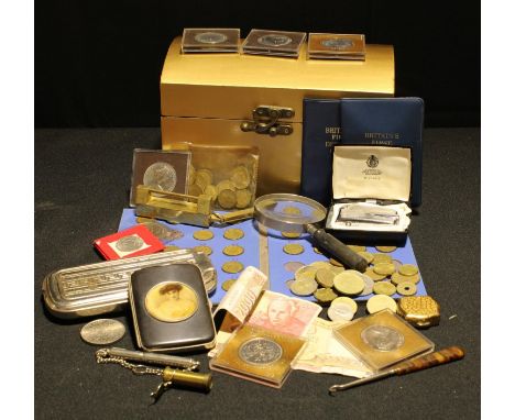 An Isle of Man 1978 coronation anniversary coin, others; a Rolls razor; a cigarette case; a Chinese brass lock; a Ronson Vari