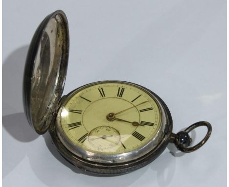 A silver hunter pocket watch, engine turned case, white enamel dial, Roman numerals, subsidiary seconds dial, inscribed, Pres