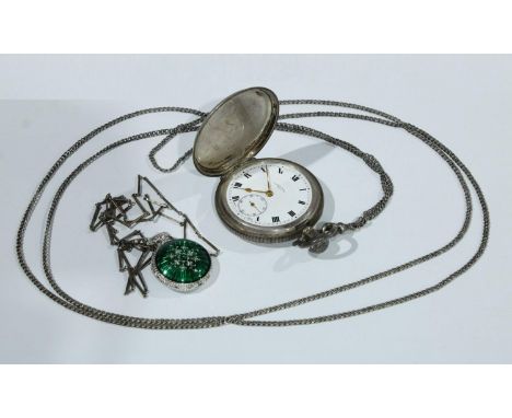 A silver hunter pocket watch, engine turned case, white enamel dial, subsidiary seconds hand, Harris Stone, Leeds, Dennison c