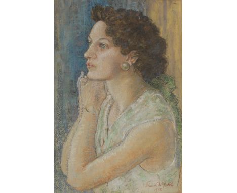 Eleanor M Gribble&nbsp; Portrait of Florence&nbsp; &nbsp;signed, dated 1950,&nbsp; label to verso, pastel, 45cm x 30cm