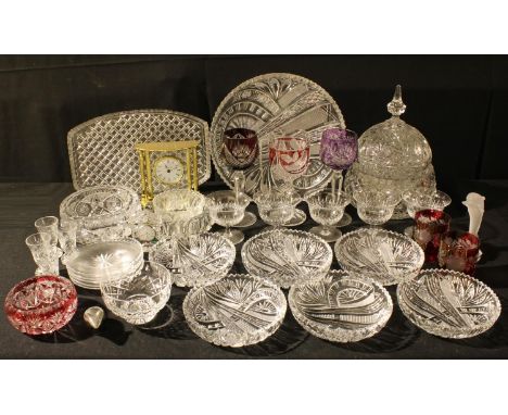 Glassware- Webb Corbett, lead crystal, Edinburgh crystal, a Churchill brass mantle clock, etc 