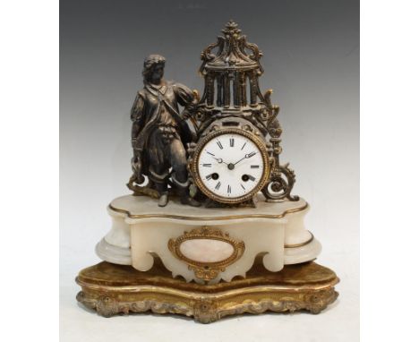 A late 19th century alabaster and spelter figural mantel clock, eight day, white enamel dial, Roman numerals, twin winding ho