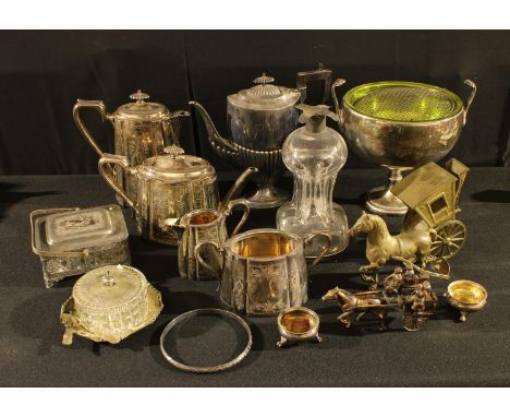Metalware - a Victorian silver collared glass decanter; a copper bed warmer; EPNS part tea service; other metalware; qty 