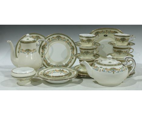 An Aynsley Henley pattern tea service comprising teapot, coffee pot, sugar bowl, sandwich plate, six teacups, six saucers, si