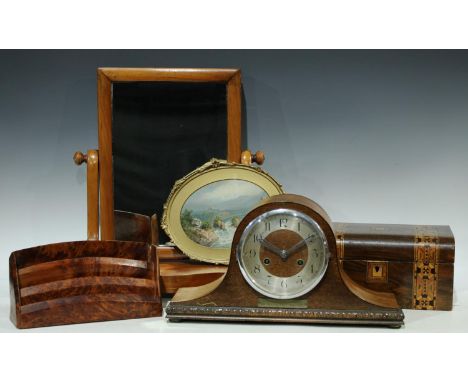 A Victorian marquetry inlaid workbox, 28cm wide; a mahogany dressing table mirror, scroll supports, serpentine base, bun feet