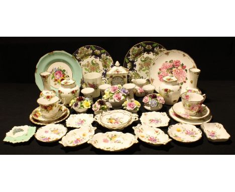 A Royal Albert Old Country Roses pattern pair of vases, pair of jars and covers, cups and saucers; a Royal Crown Derby Posie 